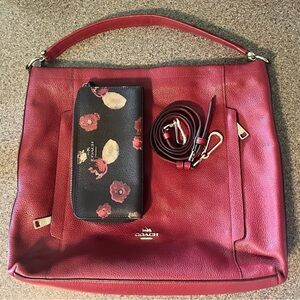 Coach Red Leather Shoulder Bag with Floral Accents